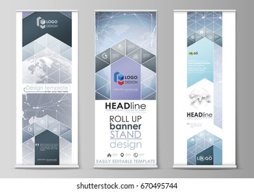 Abstract futuristic network shapes. High tech background. The minimalistic vector illustration of the editable layout of roll up banner stands, vertical flyers, flags design business templates