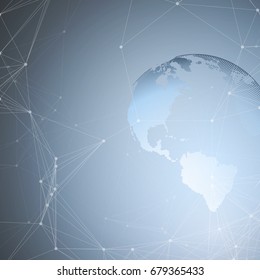 Abstract futuristic network shapes. High tech background, connecting lines and dots, polygonal linear texture. World globe on blue. Global network connections, geometric design, dig data concept.