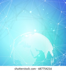 Abstract futuristic network shapes. High tech background, connecting lines and dots, polygonal linear texture. World globe on blue. Global network connections, geometric design, dig data concept