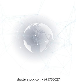 Abstract futuristic network shapes. High tech background, connecting lines and dots, polygonal linear texture. World map on gray. Global network connections, geometric design, dig data concept.