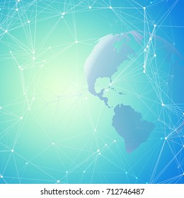 Abstract futuristic network shapes. High tech background, connecting lines and dots, polygonal linear texture. World globe on blue. Global network connections, geometric design, dig data concept.