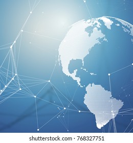 Abstract futuristic network shapes. High tech background, connecting lines and dots, polygonal linear texture. World globe on blue. Global network connections, geometric design, dig data concept.