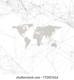 Abstract futuristic network shapes. High tech background, connecting lines and dots, polygonal linear texture. World map on white. Global network connections, geometric design, dig data concept.