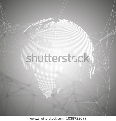 Abstract futuristic network shapes. High tech HUD background, connecting lines and dots, polygonal linear texture. World globe on gray. Global network connections, geometric design, dig data concept.