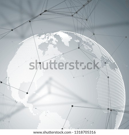 Abstract futuristic network shapes. High tech background, connecting lines and dots, polygonal linear texture. World globe on gray. Global network connections, geometric design, dig data concept.