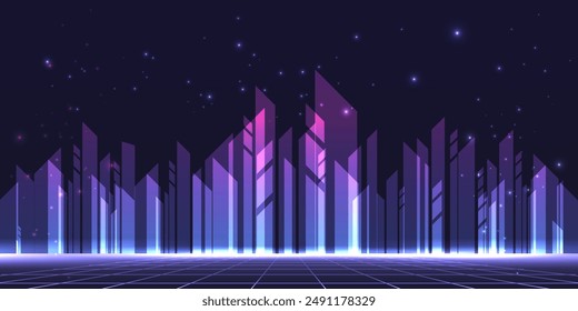 Abstract futuristic night city concept. Vector illustration. Horizontal dark background with glowing neon blue shapes and lights.