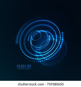 Abstract futuristic object . HUD elemet . 3D hologram display consist of glowing particles and blurred circles . Nanotechnology machine . Vector science and technology illustration .