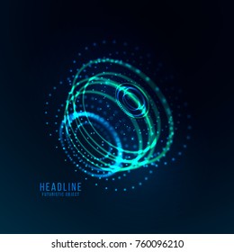 Abstract futuristic object . HUD elemet . 3D hologram display consist of glowing particles and blurred circles . Nanotechnology machine . Vector science and technology illustration .
