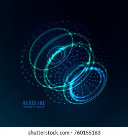 Abstract futuristic object . HUD elemet . 3D hologram display consist of glowing particles and blurred circles . Nanotechnology machine . Vector science and technology illustration .