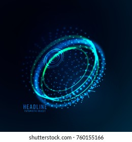 Abstract futuristic object . HUD elemet . 3D hologram display consist of glowing particles and blurred circles . Nanotechnology machine . Vector science and technology illustration .