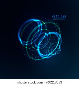 Abstract futuristic object . HUD elemet . 3D hologram display consist of glowing particles and blurred circles . Nanotechnology machine . Vector science and technology illustration .