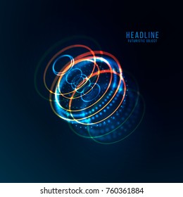 Abstract futuristic object . HUD elemet . 3D hologram display consist of glowing particles and blurred circles . Nanotechnology machine . Vector science and technology illustration .