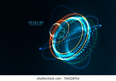 Abstract Futuristic Object . HUD Elemet . 3D Hologram Display Consist Of Glowing Particles And Blurred Circles . Nanotechnology Machine . Vector Science And Technology Illustration .