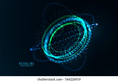 Abstract futuristic object . HUD elemet . 3D hologram display consist of glowing particles and blurred circles . Nanotechnology machine . Vector science and technology illustration .