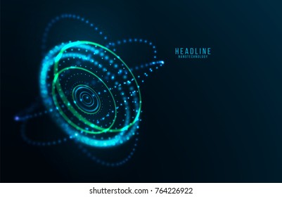Abstract futuristic object . HUD elemet . 3D hologram display consist of glowing particles and blurred circles . Nanotechnology machine . Vector science and technology illustration .