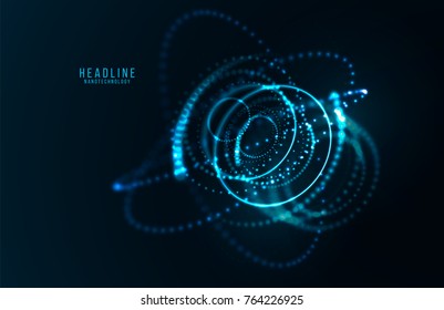 Abstract futuristic object . HUD elemet . 3D hologram display consist of glowing particles and blurred circles . Nanotechnology machine . Vector science and technology illustration .