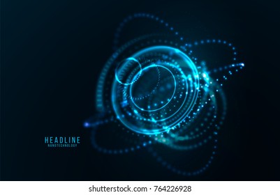 Abstract futuristic object . HUD elemet . 3D hologram display consist of glowing particles and blurred circles . Nanotechnology machine . Vector science and technology illustration .