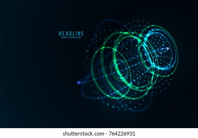 Abstract futuristic object . HUD elemet . 3D hologram display consist of glowing particles and blurred circles . Nanotechnology machine . Vector science and technology illustration .