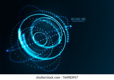 Abstract futuristic object . HUD elemet . 3D hologram display consist of glowing particles and blurred cirles . Nanotechnology machine . Vector science and technology illustration .