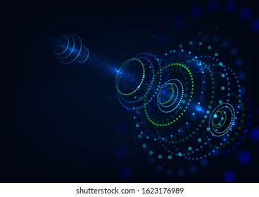 Abstract futuristic object . Science and technology 3D hologram display consist of glowing particles and blurred circles . Vector Nanotechnology machine . HUD elemet