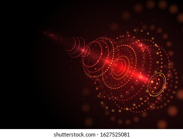 Abstract futuristic object . Science and technology 3D hologram display consist of red glowing particles and blurred circles . Vector Nanotechnology machine . HUD elemet