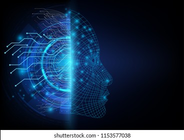 Abstract futuristic on the two sides between a digital communication of neural network and an artificial intelligence robotic face.