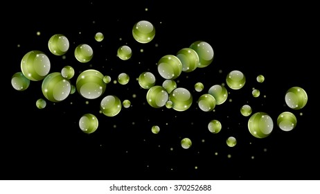 Abstract futuristic particle background with green metal balls hanging in space