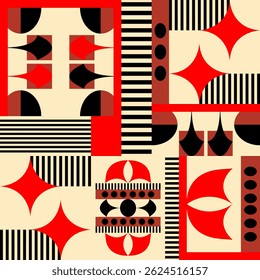 Abstract futuristic pattern with simple geometric shapes on beige background in Bauhaus style. Can be used as seamless print. For textile, wallpaper, wrapping, brochure, poster, cover, banner. Vector.