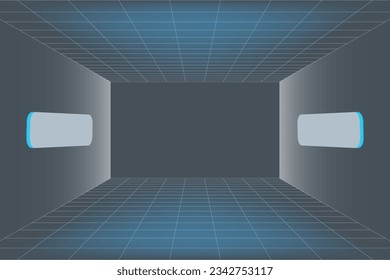 Abstract futuristic perspective grid background,3D empty room or tunnel with glowing grid lines and a bright light source, virtual reality, modern presentation design,digital media and technology