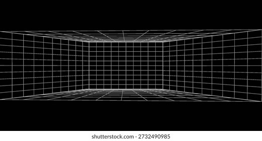 Abstract futuristic perspective grid box. Abstract wireframe with white grid line on black background. abstract decoration