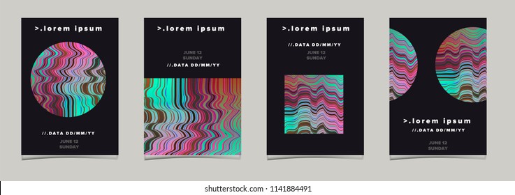 Abstract futuristic poster set for music event with holographic geometric shapes on dark background.