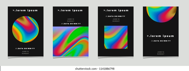 Abstract futuristic poster set for music event with holographic shapes on dark background.
