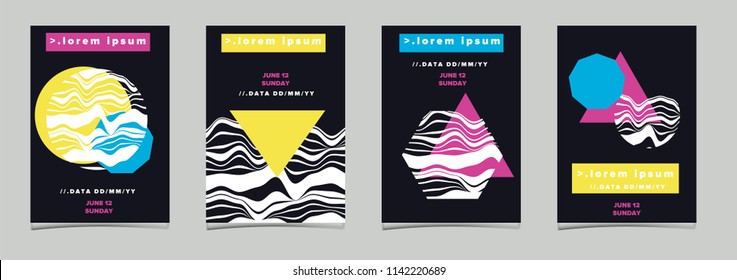 Abstract futuristic poster set for music event. Memphis / bauhaus geometric compostition on dark background.