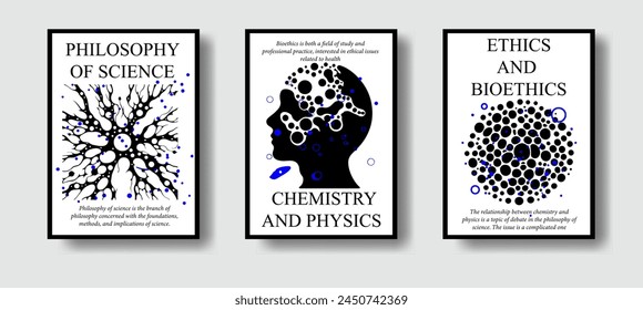 Abstractas afiches futuristas con Formas complejas de estilo orgánico. Conjunto de portadas y volantes de temática científica. 