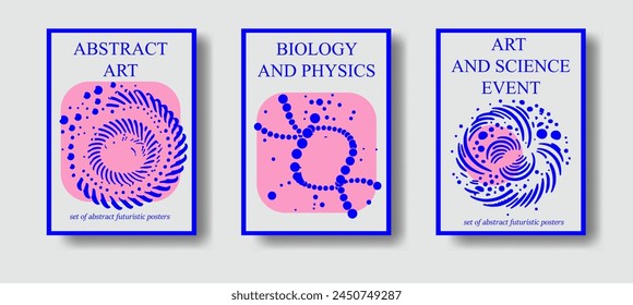 Abstractas afiches futuristas con Formas complejas de estilo orgánico. Conjunto de portadas y volantes de temática científica. 