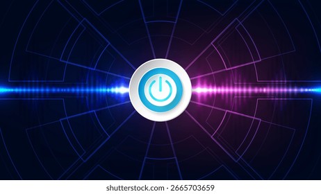 Abstract futuristic power button icon in the center with glowing blue and purple neon lights, surrounded by HUD circular interface elements, representing technology startup, energy control