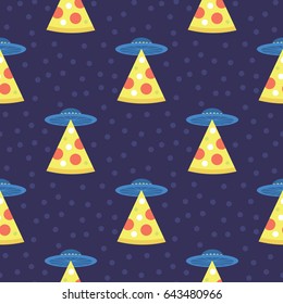 Abstract futuristic print with flying saucers, rays of light with pizza.