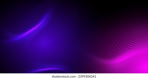 Abstract futuristic purple, violet and pink wave with moving dots. Flow of particles with glitch effect. Ideal vector graphics for brochures, flyers, magazines, business cards and banners. Vector.