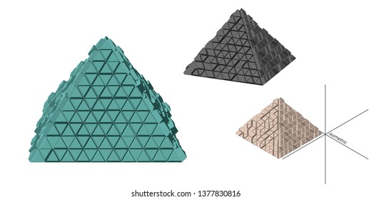 Abstract futuristic pyramid set. Isolated on white background. 3d Vector illustration. Different viewes.
