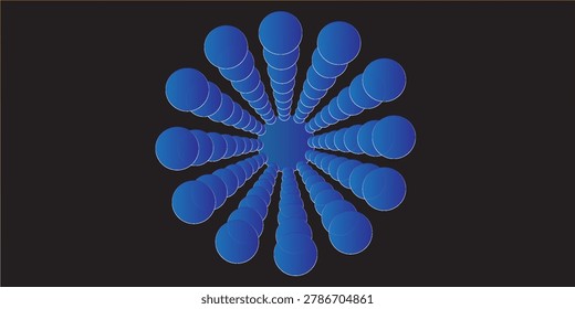 Abstract futuristic radial composition of glowing blue spheres forming a tunnel perspective on dark background, representing technology, data flow, and digital connection.
