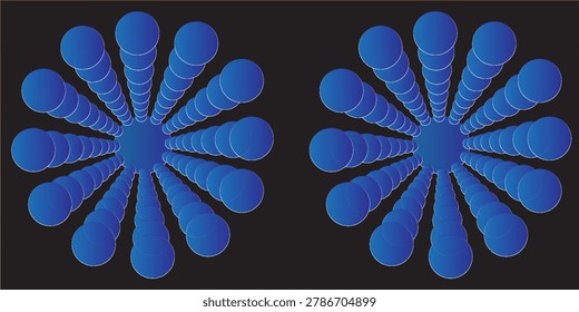 Abstract futuristic radial composition of glowing blue spheres forming a tunnel perspective on dark background, representing technology, data flow, and digital connection.