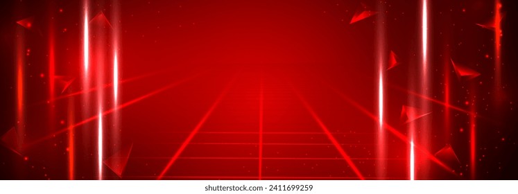 Abstract futuristic red 3d space technology background with flying red polygons and light effect.Sci fi futuristic red lights tunnel corridor. Red stage background. High tech lines, cyberspace. Vector