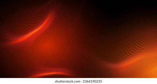 Abstract futuristic red to orange wave with moving dots. Flow of particles with glitch effect. Ideal vector graphics for brochures, flyers, magazines, business cards and banners. Vector.