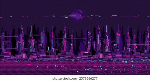 Abstract Futuristic Sci-fi Cyber Space City Landscape Vector Illustration Background Template Element