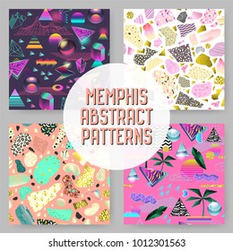 Abstract Futuristic Seamless Patterns Set. Geometric Shapes with Golden Elements Background. Vintage Hipster Fashion 80s-90s Design. Vector illustration