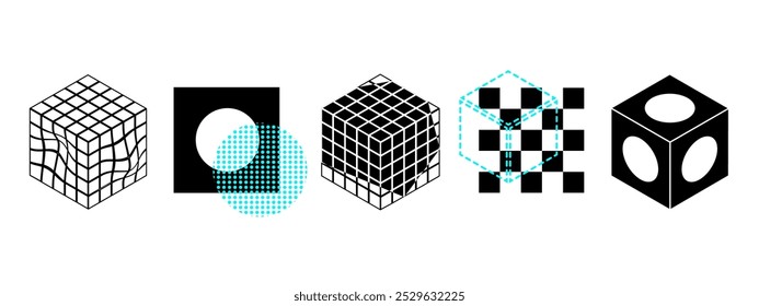 Abstract futuristic set of geometric shapes, distortions and meshes. Vector illustration of cube, circle and square. Dotted and perspective grid objects. Warped and perspective different elements