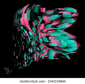Abstract futuristic shape made of small transparent particle explosion. Optical art geometric  background with high speed of motion. Futuristic vector illustration isolated on black