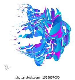 Abstract futuristic shape made of small particle explosion. Optical art geometric  background with high speed of motion. Futuristic vector illustration isolated on white