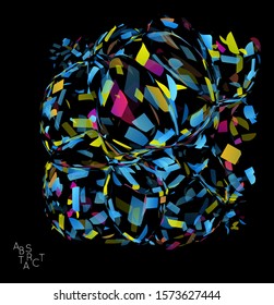 Abstract futuristic shape made of small transparent particle explosion. Optical art geometric  background with high speed of motion. Futuristic vector illustration isolated on black