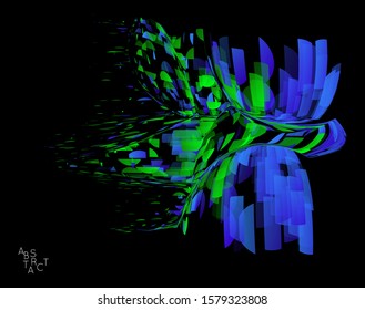 Abstract futuristic shape made of small transparent particle explosion. Optical art geometric  background with high speed of motion. Futuristic vector illustration isolated on black